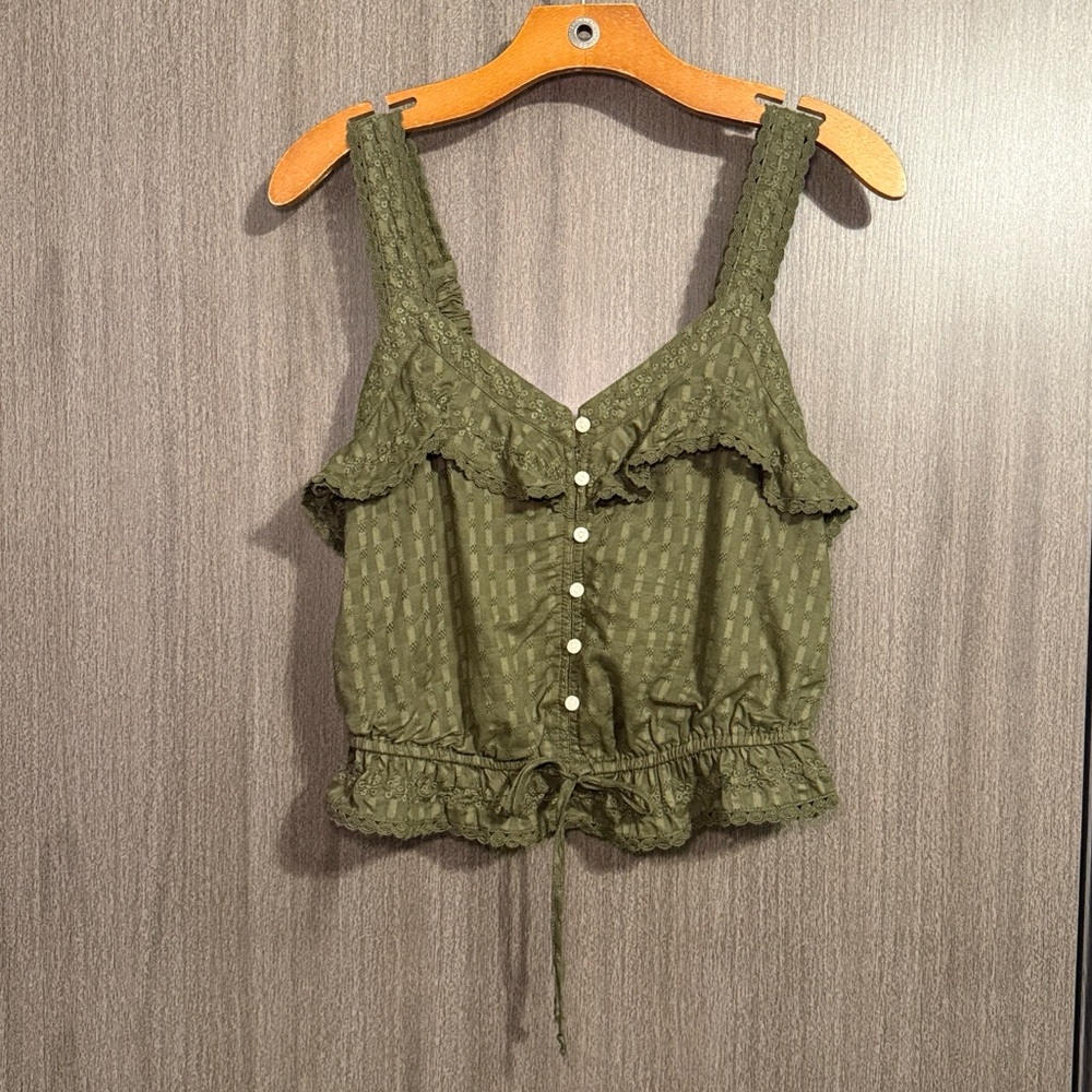 American Eagle Lace-Trim Button-Down Crop Tank Olive Green Size Small NWOT